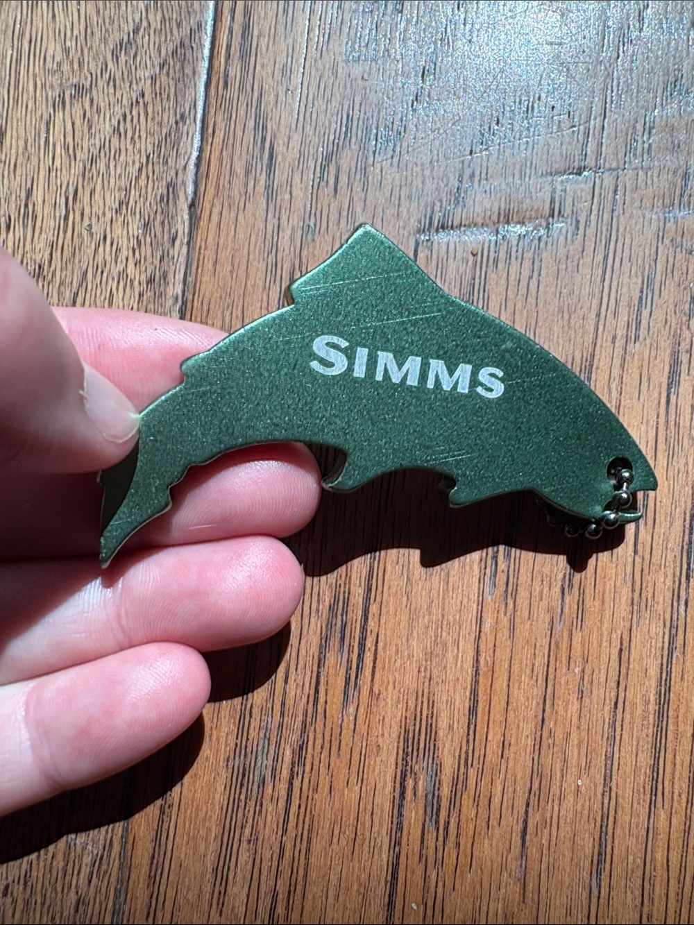 Simms Green Fish-Shaped Bottle Opener Keychain